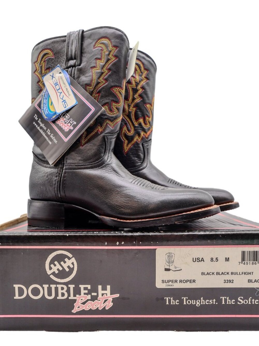 Vintage Double-H Boots Mens 8.5 M Black Bullfight Leather Super Roper Boots 3392